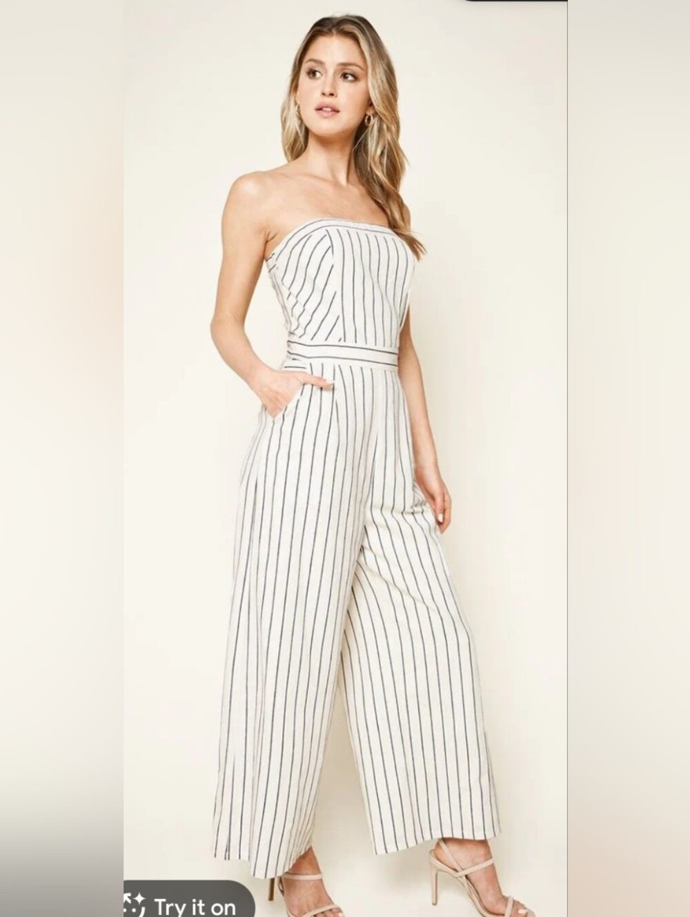 Striped Strapless Wide-Leg‎ Linen Blend Jumpsuit Small